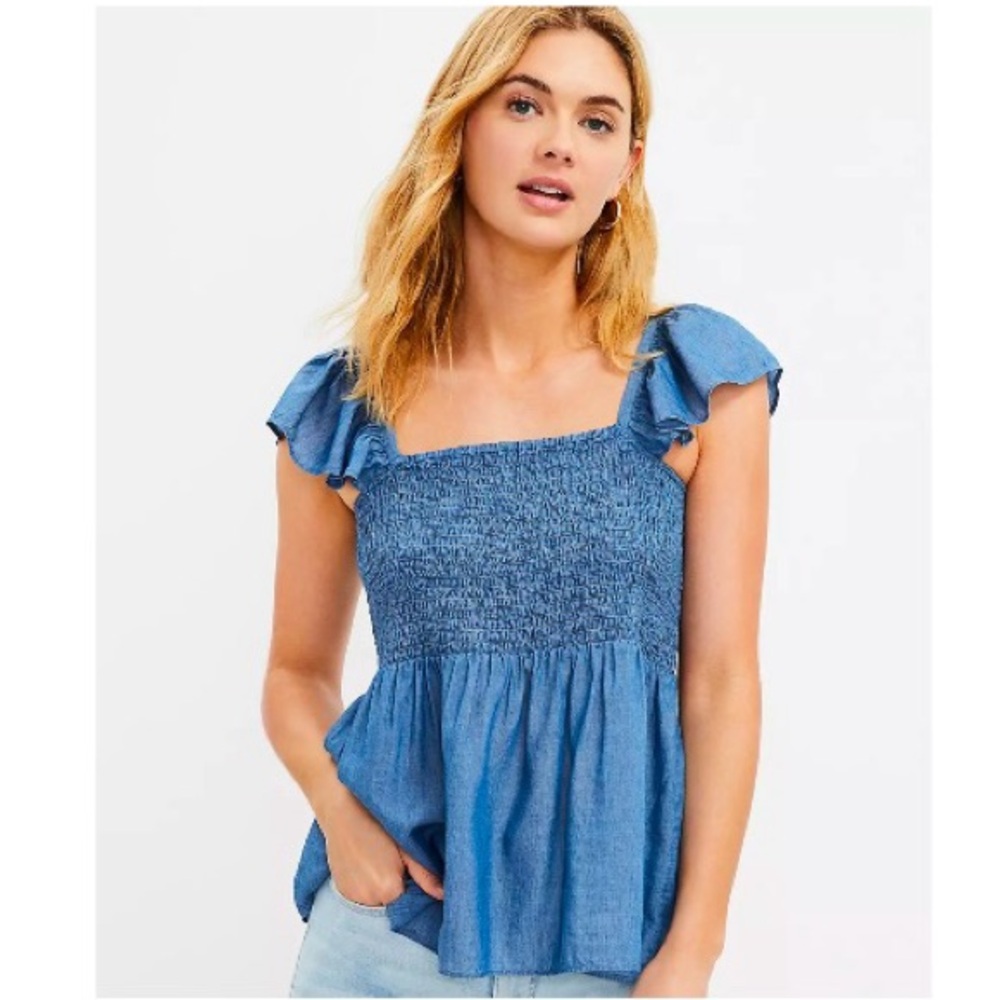 LOFT Blue Flutter Sleeve Smocked Blouse